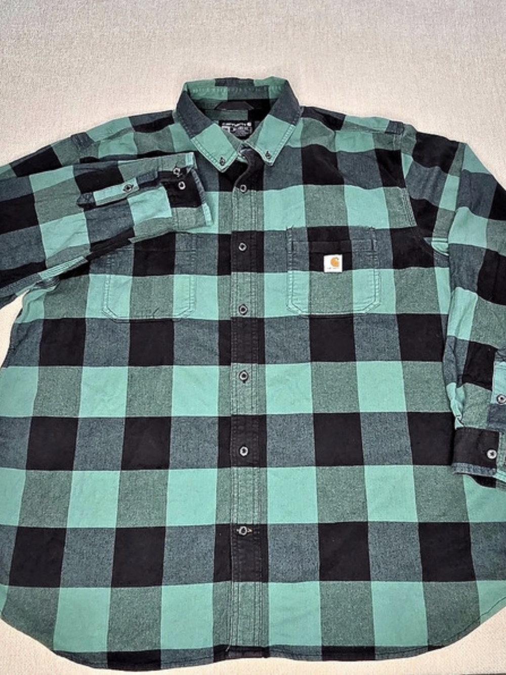 Carhartt Flannel Shirt Mens 2XL Green Black Buffalo Plaid Relaxed Fit Button Up